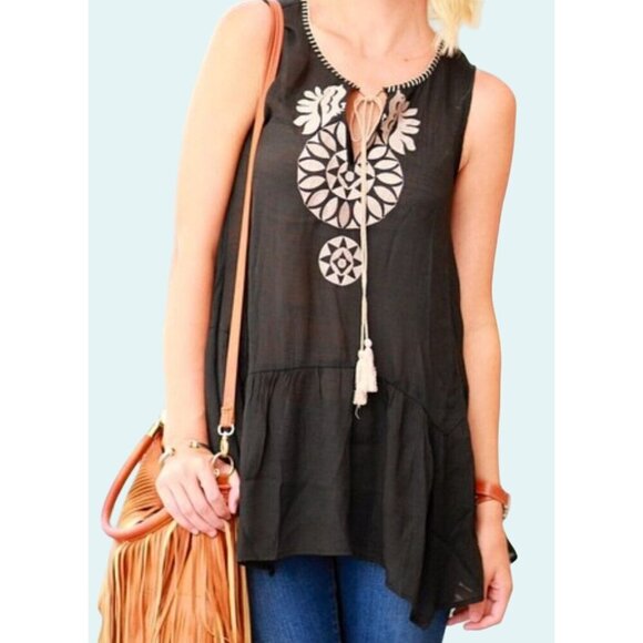 THML Boho Sleeveless Drop Waist Tunic Top Blouse Dress Black Boho Sheer Sz M - Picture 1 of 8